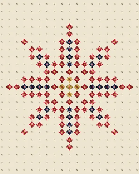 One eight-point star enlarged until each of its stitches holds a small star of its own. Madder sits at the edges, indigo within and gold at the heart, with a single stitch marking every empty cell of the linen.
