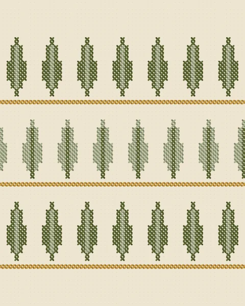 Rows of slender stitched cypresses on linen, each row standing on a single ruled line of gold. The rows alternate between olive trees with sage stems and sage trees with olive stems, each set half a step from the last.