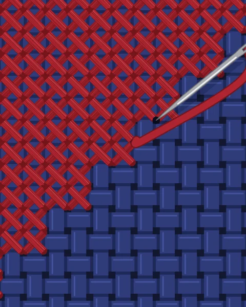The making at the scale of the thread. Finished madder crosses, each showing its separate strands, sit over woven indigo cloth, and the needle goes down into the next hole pulling its thread after it.