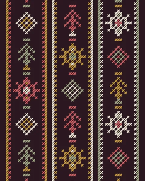 Three long sleeve panels side by side on a deep aubergine ground. Each is a column of stars, diamonds and cypresses between ruled edges, worked in its own order of rose, gold, cream and sage.