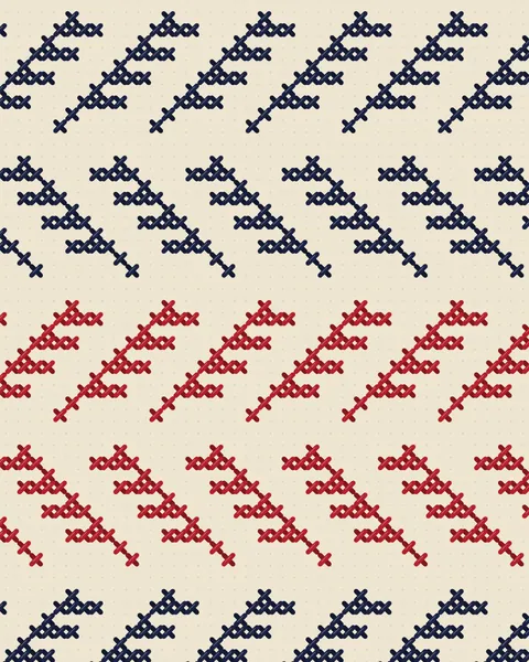 Stitched feathers in indigo and madder on linen, each a diagonal spine with paired barbs. Each row turns against the last, and the colours change every two rows, so the field reads as a herringbone of leaves.