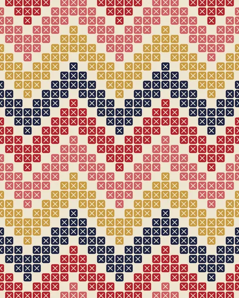 A chevron band enlarged to fill the sheet. Every stitch is a bold square tile with its cross engraved, running in rows of madder, rose, gold and indigo with cream between.