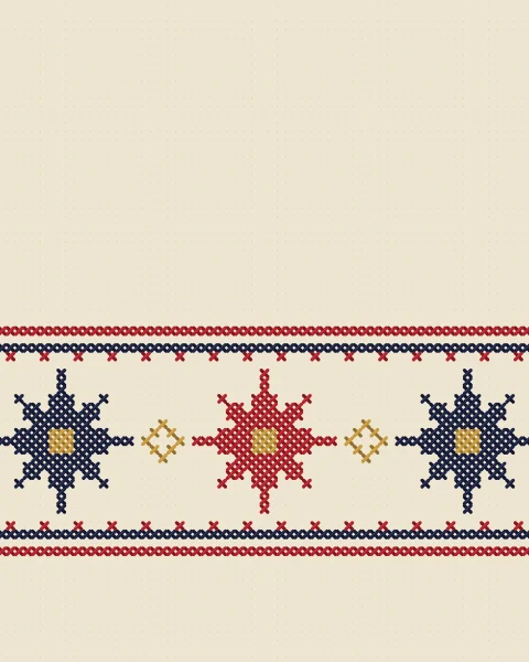 A single band of eight-point stars in madder and indigo, with small gold diamonds between them, runs across an open field of linen low on the sheet, held between double ruled lines of stitch.