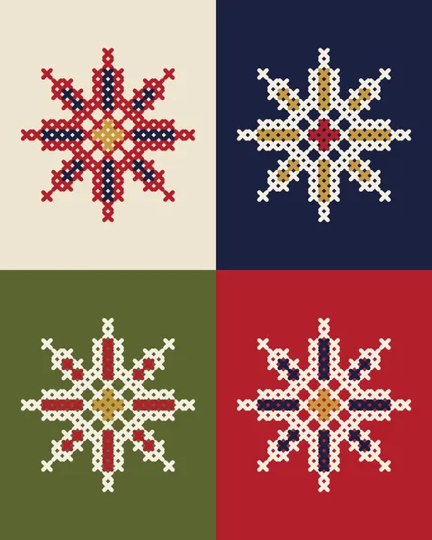 One eight-point star stitched four times, once in each quarter of the sheet. The grounds are linen, indigo, olive and madder, and each star is worked in the thread colours its ground is not.