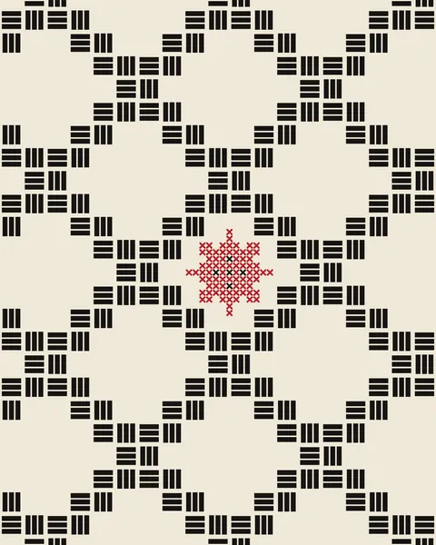 The keffiyeh's fishnet in black on cream, each square woven from three threads. In the diamond at the centre a star has been worked in red cross-stitch, its points reaching almost to the net around it.