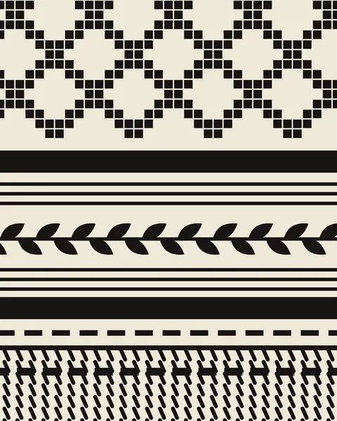 The border of a keffiyeh at wall scale. Fishnet at the top gives way to bold and fine black stripes, a band of olive leaves, and a knotted fringe along the bottom.