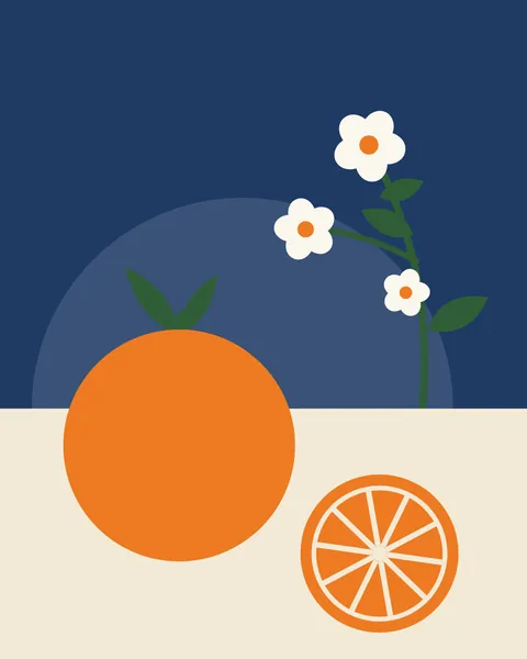 A still life in mid-century poster style: a whole Jaffa orange with its leaves, a cut half and a sprig of orange blossom. The fruit sits on cream against a deep coastal blue.