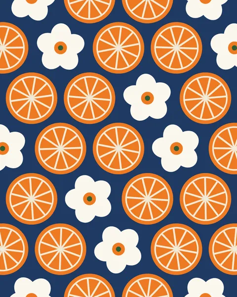 Cut citrus halves packed like a printed textile, with white orange blossoms between. Each slice turns a little from the last on a deep blue ground.