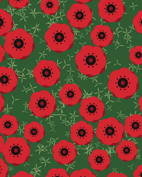A spring hillside seen from above. Red anemones with dark centres open among fine green leaves across the whole sheet.
