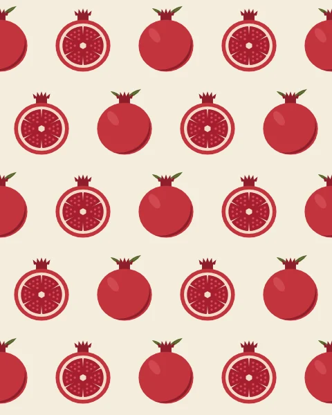 Whole and halved pomegranates set in a half-drop across warm cream. The cut fruit show their six chambers of red seeds, and the whole fruit carry their crowns and a pair of leaves.