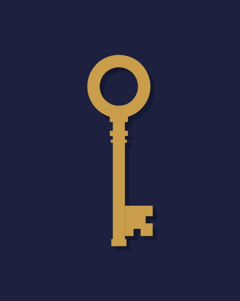 A single old house key in flat gold on indigo, with its shadow, set alone in the middle of the sheet.