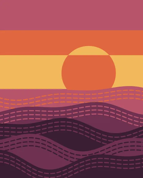 Terraced hills as bands of colour at sunset, beneath a low sun. Their dry-stone walls are drawn as dashed courses in warm oranges, plums and deep aubergine.
