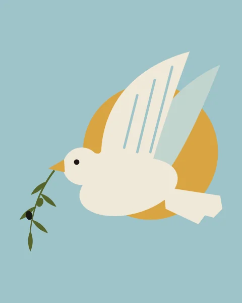 A dove built from circles and arcs, crossing a wheat-gold sun on a pale blue sky. It carries an olive sprig in its beak.