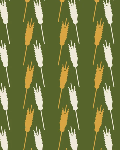 Ears of wheat in rows, leaning left and right. The stalks are in gold and linen cream on an olive ground.