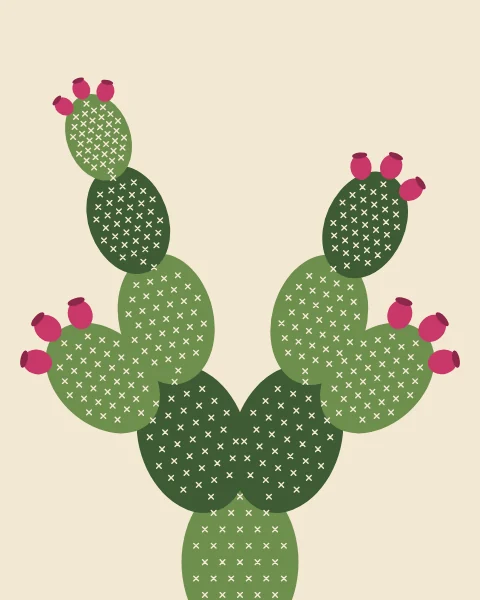 A prickly pear growing pad on pad from the bottom edge on cream. Its spines are marked in fine cream strokes, with magenta fruit crowning the top pads.