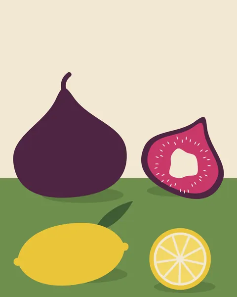 A close still life: a whole fig and a cut one showing its pink centre, a lemon with a leaf and a lemon halved. They sit on cream above an olive-green surface.