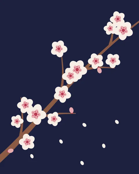 A flowering almond branch crossing a deep indigo ground: five-petalled cream blossoms with a pink blush and crimson hearts, a few pink buds, and petals drifting below.