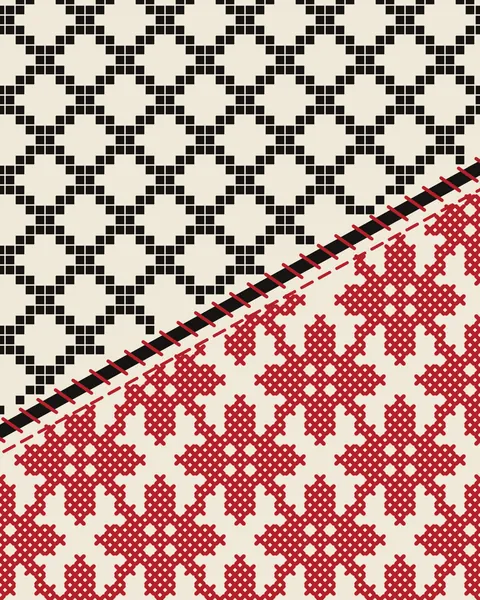 The keffiyeh's fishnet in black on cream meets a counted field of red cross-stitch stars. The two patterns join along a single diagonal seam in black and red.