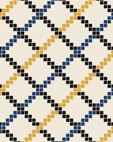 The fishnet pattern woven on cream. Black threads run one way, deep sea blue and wheat gold the other, passing over and under at every crossing.