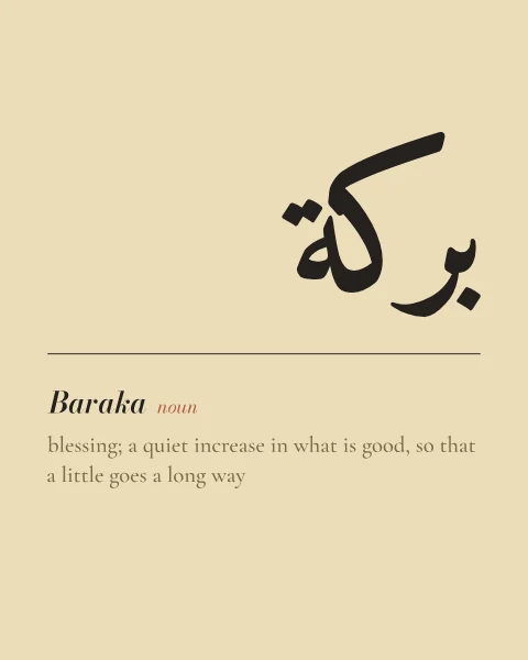 Baraka laid out as a dictionary entry: the headword in black naskh, a rule, the transliteration and a short definition in serif on straw.