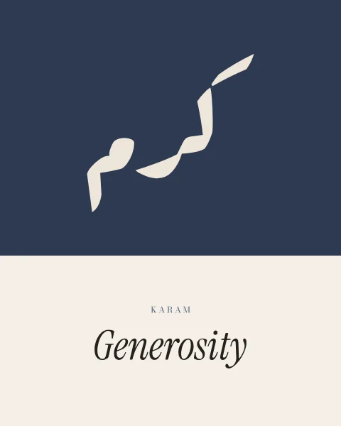 Karam in heavy bone-white display lettering on a dusk-blue block, with “Generosity” in italic serif on the paper ground below.
