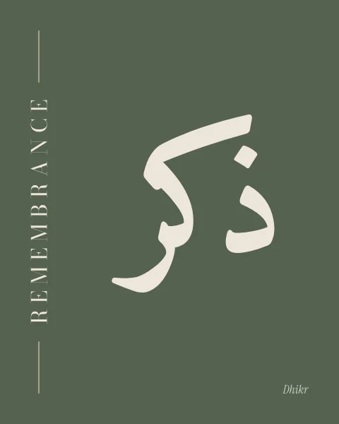 Dhikr in bone-white naskh on deep sage green, with “Remembrance” in spaced capitals running up the left edge.