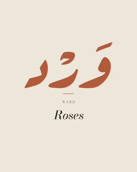 Ward in terracotta ruq'ah centred on bone, with a short rule, its transliteration and “Roses” in italic serif beneath.