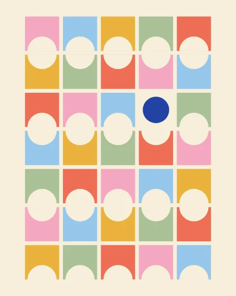 Rows of cream half-moons on tiles of pink, sky, mustard, sage and coral, facing up and down in turn, with one full cobalt circle among them.
