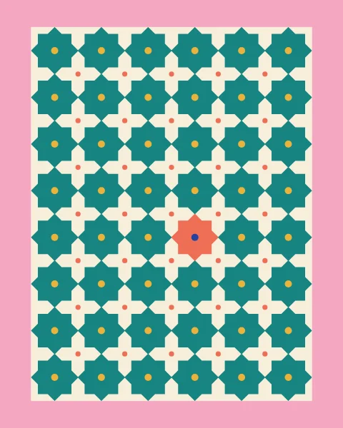 A tight field of teal eight-point stars whose tips touch, leaving cream cross shapes between them; one star is coral.