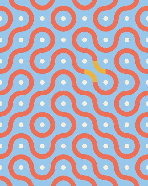 Coral bands curve from tile to tile across a sky-blue field, turning at random to make loops and long meanders; one tile turns mustard.