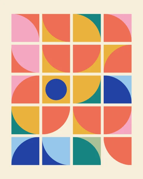 Large tiles, each with one big quarter circle in a pair of sorbet colours, turned every which way; one tile holds a full circle instead.
