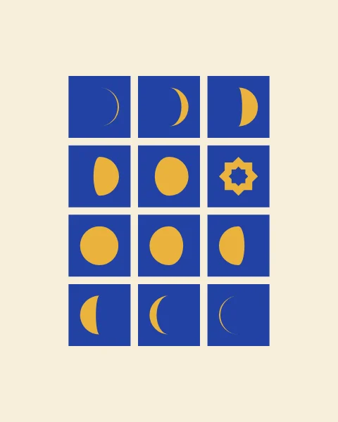 Cobalt tiles on cream, each holding the moon in a different phase, from a thin new crescent through to the last; where the full moon should be there is a mustard eight-point star.