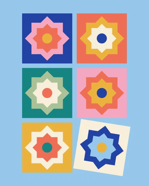 A few large tiles, each holding nested eight-point stars in a different set of colours; one tile sits slightly askew.