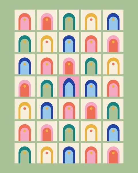 Round-headed arches in coral, pink, teal, mustard and cobalt stand tile by tile like a colonnade, each with a small star at its crown; one arch is pointed.