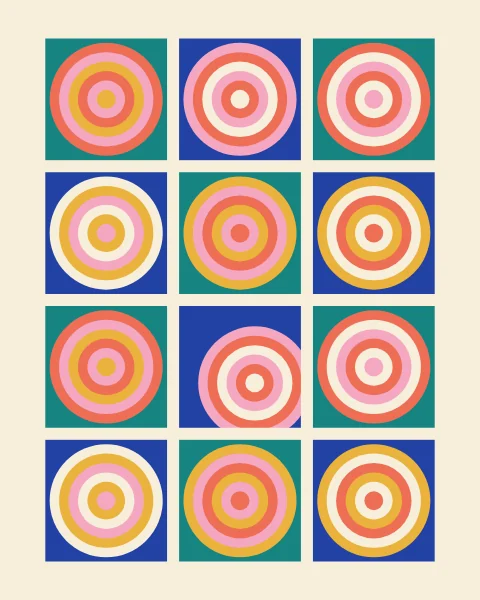 Big tiles of teal and cobalt, each holding concentric rings of coral, pink, mustard and cream in a different order; one set of rings has slipped off centre.