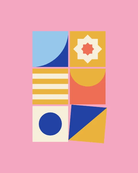 A small block of large tiles on a pink field, each a different bold motif in cobalt, coral, mustard, sky and cream; one tile has come slightly loose.