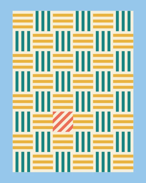 Striped tiles in mustard and teal on cream, turned crosswise in turn so the grid reads like woven cane; one tile runs on the diagonal in coral.