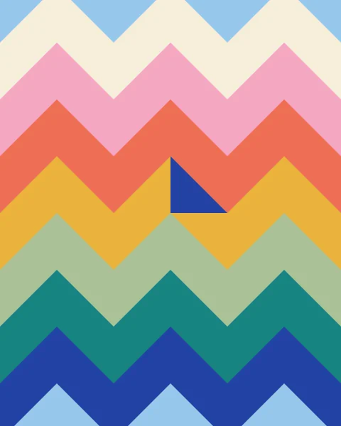 Bands of cobalt, sky, cream, pink, coral, mustard, sage and teal zigzag across the whole surface, made from half-square triangles; one triangle points the wrong way.