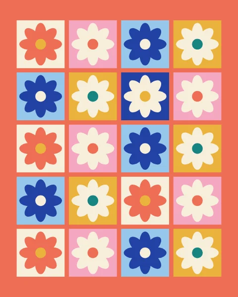 Eight-petal rosettes on tiles of cream, pink, sky and mustard, set in a coral frame; one rosette is cream on cobalt.