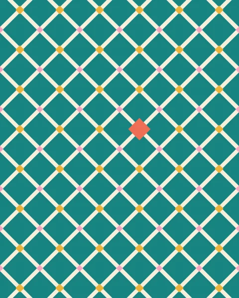 A cream diagonal lattice runs across a teal ground, with mustard jewels at its crossings and pink diamonds at the tile corners; one jewel is large and coral.