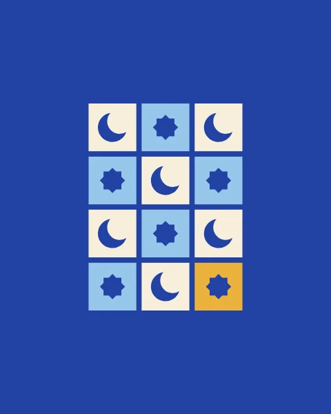 A small block of cream and sky tiles on a cobalt field, holding cobalt crescents and stars in a chequer; one tile is mustard.
