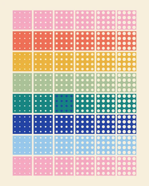 Rows of tiles in pink, coral, mustard, sage, teal, cobalt and sky, each holding sixteen cream dots that grow steadily from left to right; one tile has dark dots.