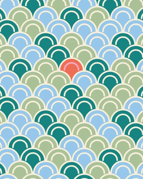 Overlapping scales in teal, sage and sky with cream rims cover the whole surface; one tile's scales are coral.