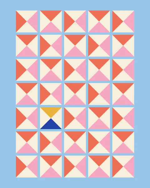 Coral and pink triangles meet point to point on cream tiles, turning a quarter turn from tile to tile; one pair is mustard and cobalt.