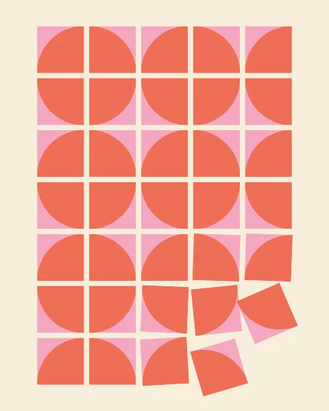 An orderly grid of coral quarter circles on pink tiles that pair into full circles, until, near one corner, the tiles begin to tip and slide, and the last one has gone.