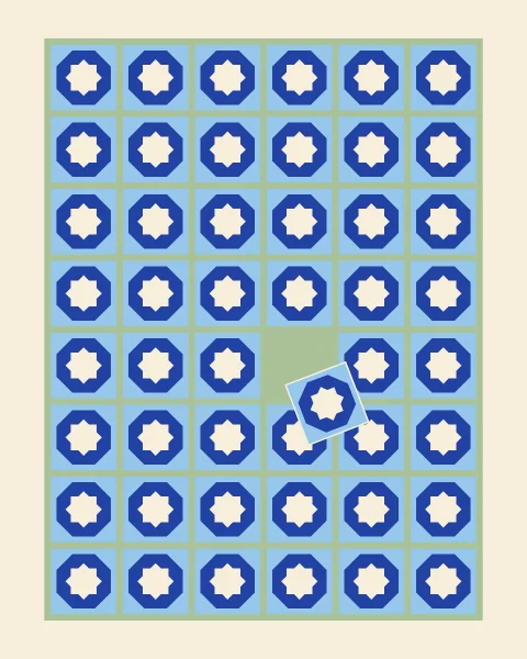 Cobalt octagons holding cream stars, set on sky tiles in a neat grid; one tile has lifted out of its place and lies askew across the grout.