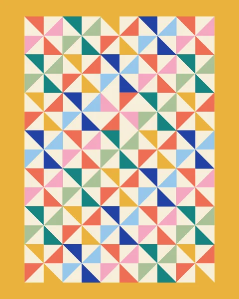 Triangles in coral, teal, mustard and cobalt spin around the centre of each cream tile and lock into larger pinwheels across the grid; one tile spins the other way.