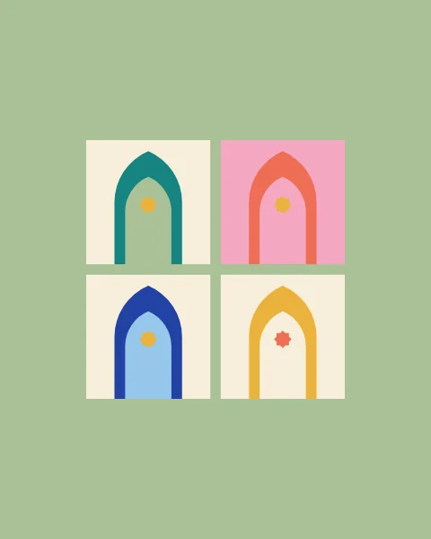 A few cream tiles on a sage field, each holding a pointed niche in teal, coral, cobalt or mustard with a small star at its crown; one tile is pink.