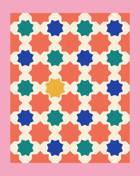 Coral eight-point stars sit on every tile corner and teal and cobalt stars in every tile centre, filling a cream grid set in a pink frame; one centre star is mustard.