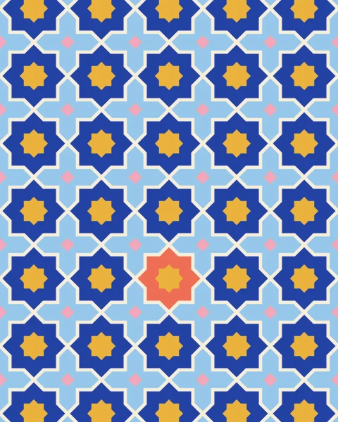 Cream strapwork links cobalt eight-point stars across a sky-blue field, with mustard stars at their hearts and pink diamonds between; one star is coral.
